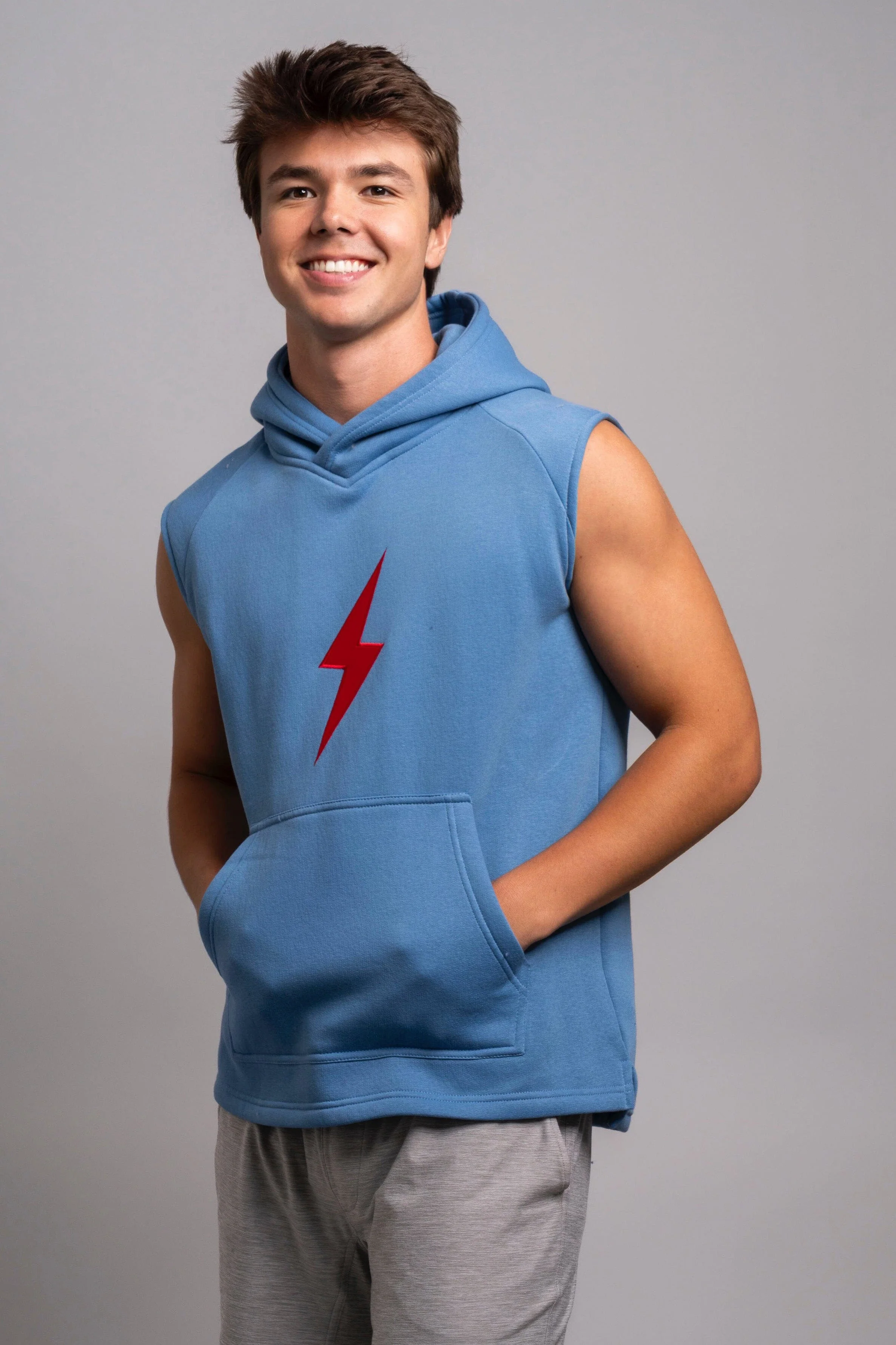 BOLT Sleeveless Hoodie - Baby Blue/Red Bolt - Image 3